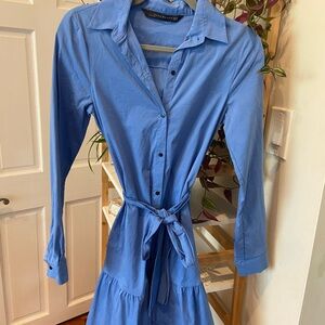 Zara Blue Notched Collar Long Sleeve Shirt Dress